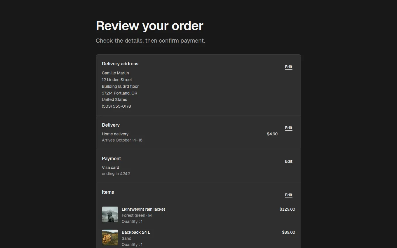 The OrderReviewWithCode block