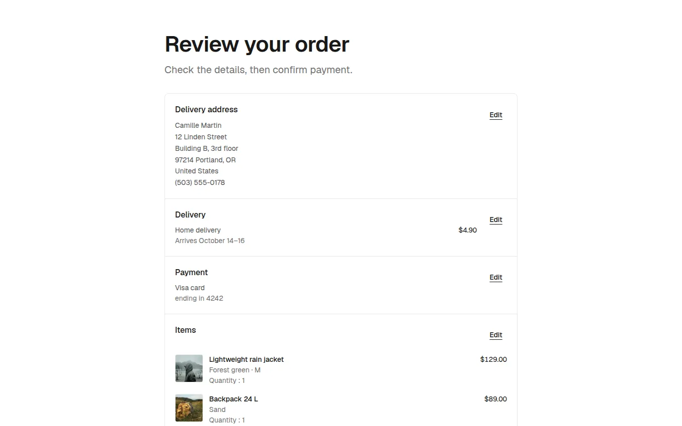 The OrderReviewWithCode block
